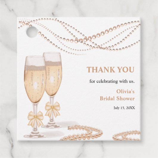 Elegant Gold Bow Pearls and Prosecco Bridal Shower Geschenkanhänger (Vorderseite)