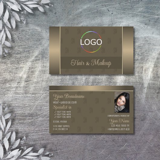 Elegant Gold Brown Stilvoll mit Logo und Foto Visitenkarte