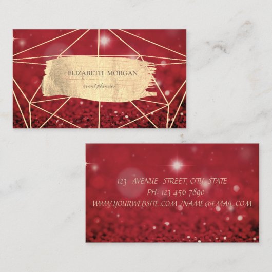 Elegant Gold Brush Stroke Geometric Red Bokeh Visitenkarte (Vorne/Hinten)