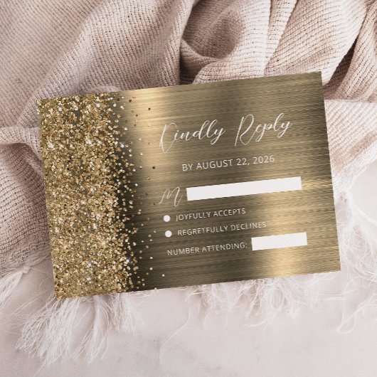 Elegant Gold Brushed Metal Glitter Script Wedding RSVP Karte