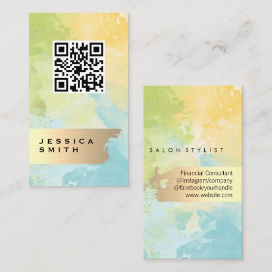 Elegant Gold Brushed | QR-Code | Aquarell Visitenkarte (Vorne/Hinten)