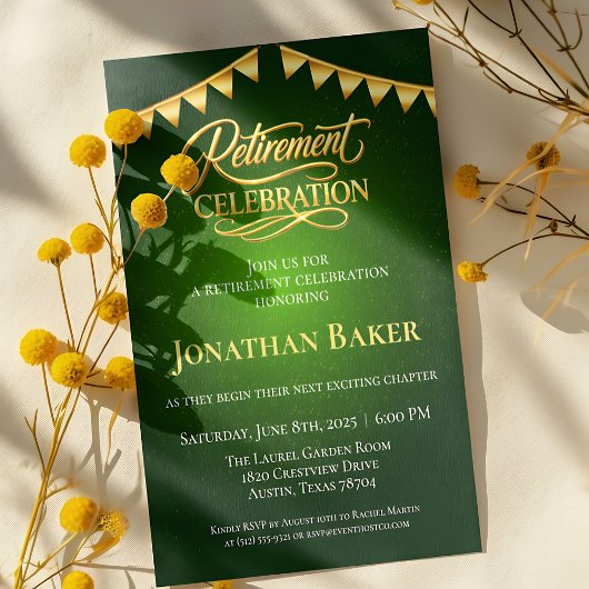 Elegant Gold Bunting Green Retirement Celebration  Einladung