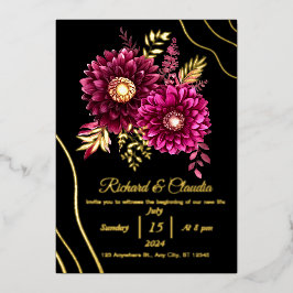 Elegant Gold Burgundrot und Schwarz Florale Hochze Folieneinladung