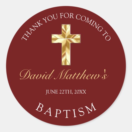 Elegant Gold Burgundy Baby Taufe Vielen Dank Runder Aufkleber (Vorderseite)