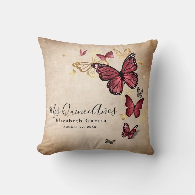 Elegant Gold Burgundy Butterfly Mis Quince Anos Kissen (Vorderseite)