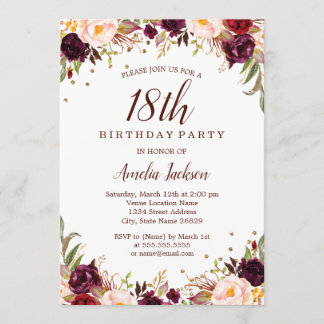 Elegant Gold Burgundy Floral 18. Geburtstagsparty Einladung