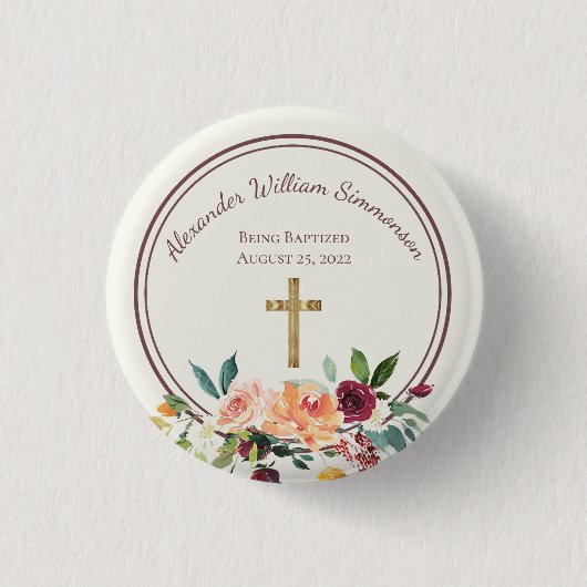Elegant Gold Burgundy Floral Baby Christening Button (Vorderseite)