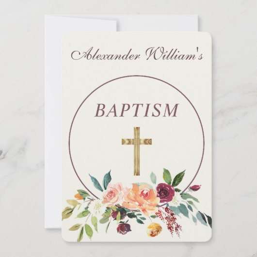 Elegant Gold Burgundy Floral Baby Christening Einladung (Vorderseite)