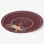 Elegant Gold Burgundy Floral Baby Christening Pappteller (Schrägansicht)