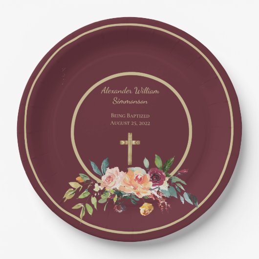 Elegant Gold Burgundy Floral Baby Christening Pappteller (Vorderseite)