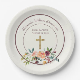 Elegant Gold Burgundy Floral Baby Christening Pappteller