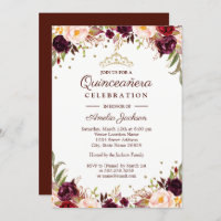 Elegant Gold Burgundy Floral Quinceanera
