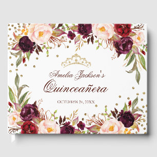 Elegant Gold Burgundy Floral Quinceanera Gästebuch