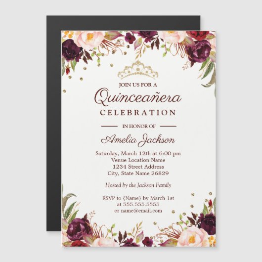 Elegant Gold Burgundy Floral Quinceanera Magneteinladung (Vorne/Hinten)