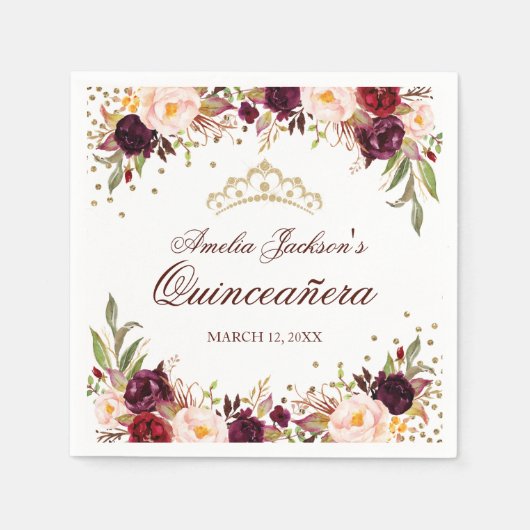 Elegant Gold Burgundy Floral Quinceanera Napkin Serviette (Vorderseite)