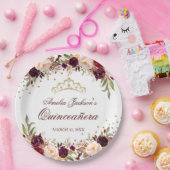 Elegant Gold Burgundy Floral Quinceanera Pappteller (Party)