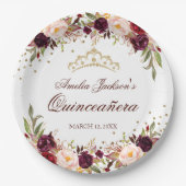 Elegant Gold Burgundy Floral Quinceanera Pappteller (Vorderseite)