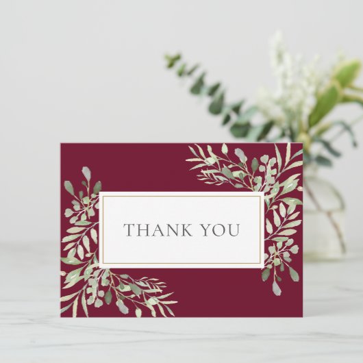 Elegant Gold Burgundy Grünfoliage Dankeskarte (Stehend Vorderseite)