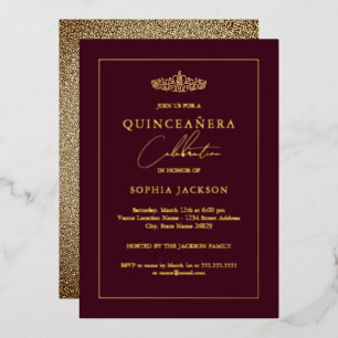 Elegant Gold Burgundy Quinceanera 15. Geburtstag Folieneinladung
