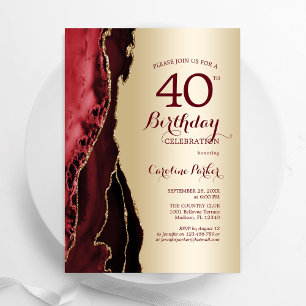 Elegant Gold Burgundy Red Agate 40. Geburtstag Einladung