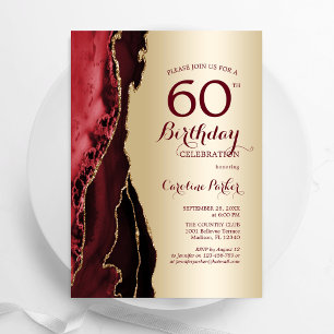 Elegant Gold Burgundy Red Agate 60. Geburtstag Einladung
