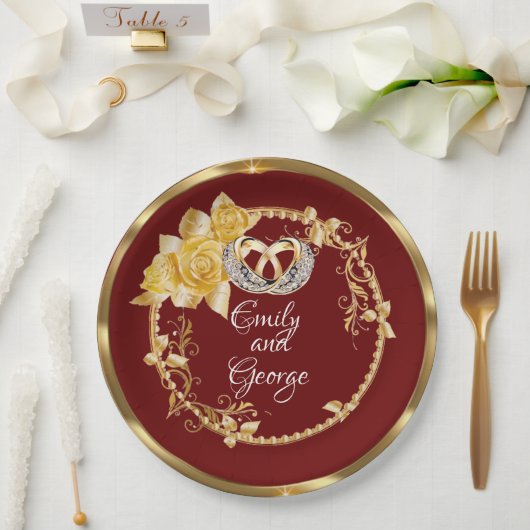 Elegant Gold Burgundy Wedding Personalisiert Pappteller (Hochzeit)