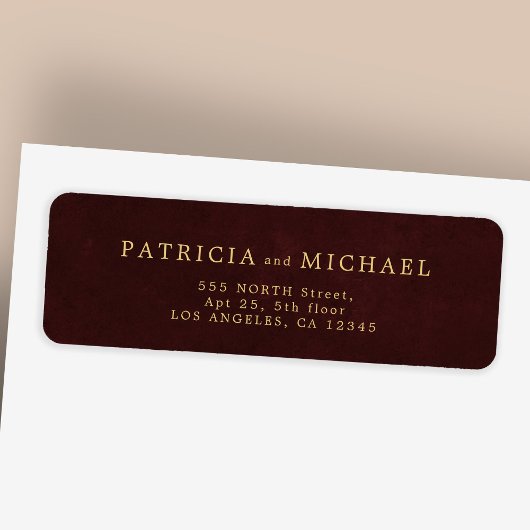 Elegant gold burgundy wedding return address