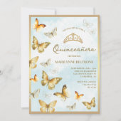 Elegant Gold Butterfly Blue Quinceñera Einladung (Vorderseite)