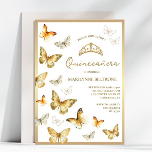 Elegant Gold Butterfly Quinceñera Einladung
