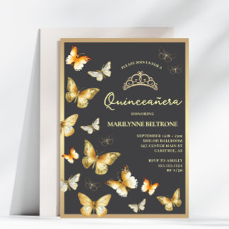 Elegant Gold Butterfly Tiara Quinceañera Einladung