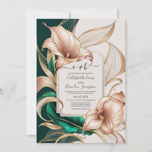 Elegant Gold Calla Lily Wedding | Green & Ivory Einladung (Vorderseite)