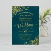 Elegant Gold Calligraphy Dark Teal Frilly Wedding Folieneinladung (Stehend vorne)