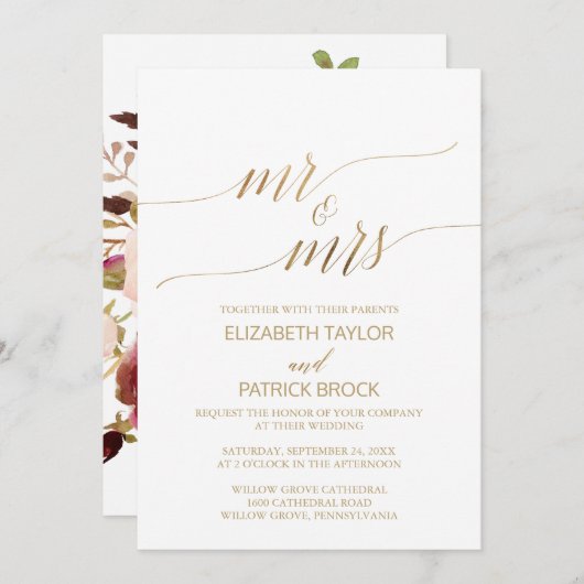 Elegant Gold Calligraphy Floral Mr & Mrs. Wedding Einladung (Vorne/Hinten)