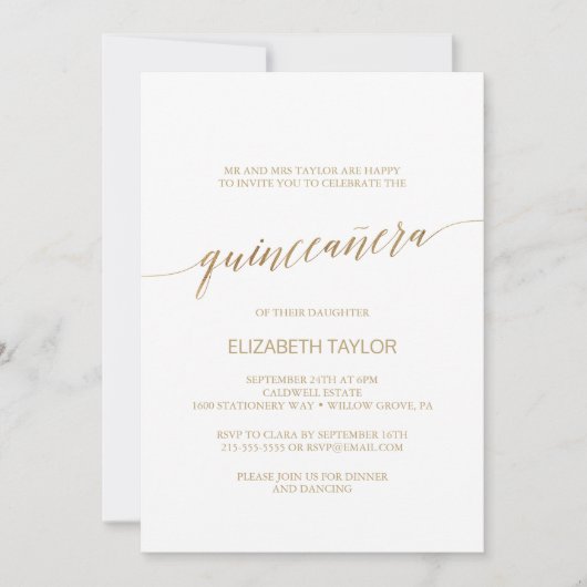 Elegant Gold Calligraphy Quinceñera Einladung (Vorderseite)