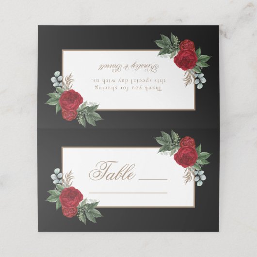 Elegant Gold Calligraphy Red Floral Platzkarte (Außenseite Aufgefaltet)