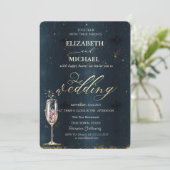 Elegant Gold Champagne Glass Dark Blue Wedding Einladung (Stehend Vorderseite)