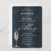 Elegant Gold Champagne Glass Dark Blue Wedding Einladung (Vorderseite)