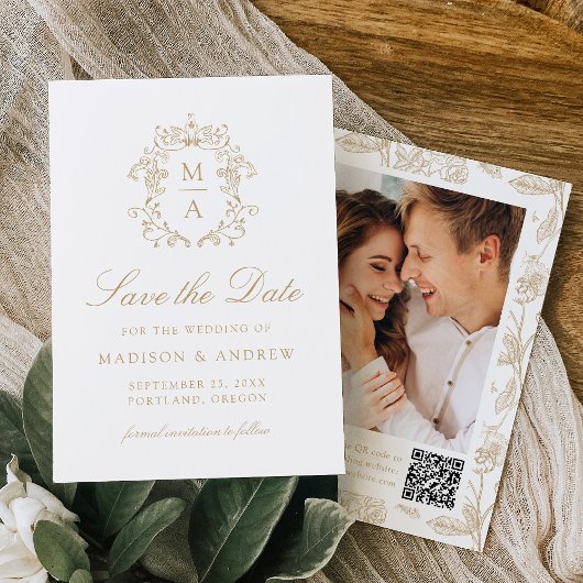 Elegant Gold Chinoiserie Floral QR Code Wedding Save The Date