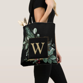 Elegant Gold Christmas Greenery Monogram Tasche