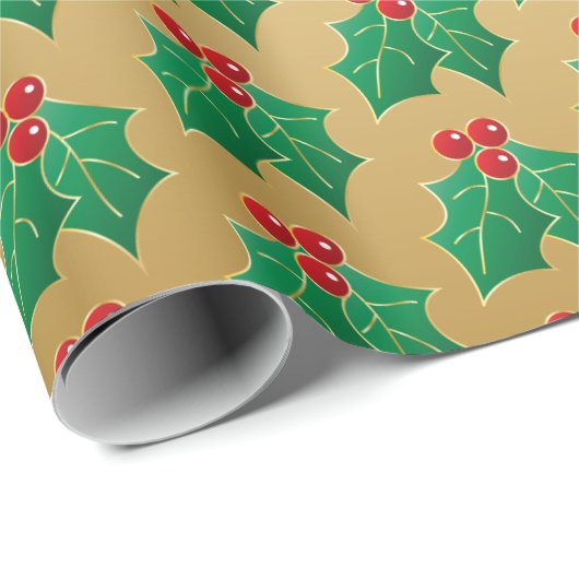 Elegant Gold Christmas Holly Geschenkwrap Geschenkpapier (Rolleneckpunkt)