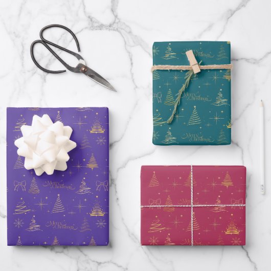 Elegant Gold Christmas Tree Doodles Geschenkpapier Set (Vorderseite)