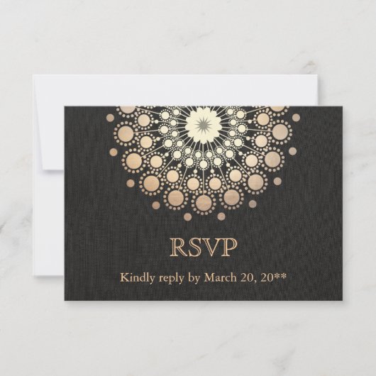 Elegant Gold Circle Motif Black Linen Look RSVP Karte (Vorderseite)