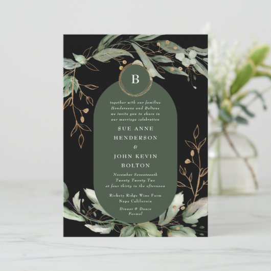 Elegant Gold Circles Eucalyptus Boho Moss Green Einladung (Stehend Vorderseite)