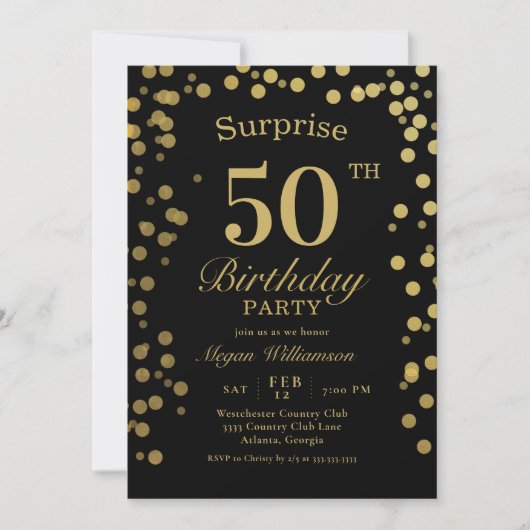 Elegant Gold Confetti Black Surprise 50. Geburtsta Einladung (Vorderseite)