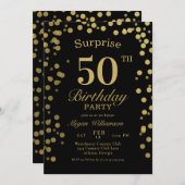 Elegant Gold Confetti Black Surprise 50. Geburtsta Einladung (Vorne/Hinten)