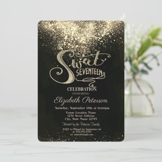 Elegant Gold Confetti, Black Sweet 17 Einladung (Stehend Vorderseite)