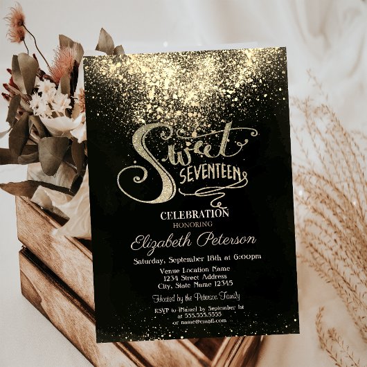 Elegant Gold Confetti, Black Sweet 17 Einladung
