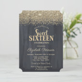 Elegant Gold Confetti Diamonds Black Sweet 16 Einladung (Stehend Vorderseite)