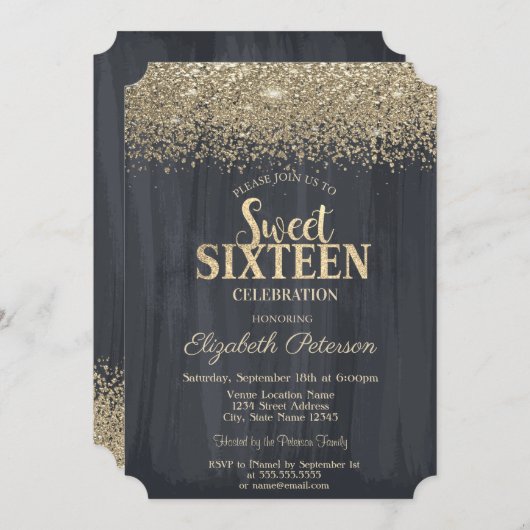 Elegant Gold Confetti Diamonds Black Sweet 16 Einladung (Vorne/Hinten)