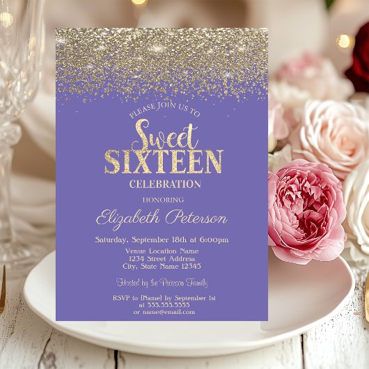 Elegant Gold Confetti Diamonds Lavander Sweet 16 Einladung